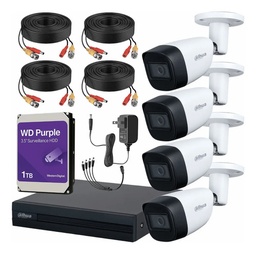 Kit de Videovigilancia Cronos 4 Cámaras Dahua Bala HFW1200CM 2MP Metálica con Micrófono Integrado + HDD WD Purple 1TB + Cables + Accesorios - Kit CCTV HFW1200CM-MED-CC (DVR DH-XVR1B04-I Circuito Cerrado)
