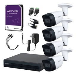 Kit de Videovigilancia Cronos 4 Cámaras Dahua Bala HFW1200CM 2MP Metálica con Micrófono Integrado + HDD WD Purple 1TB + Baluns + Accesorios - Kit CCTV HFW1200CM-MED-SC (DVR DH-XVR1B04-I Circuito Cerrado)