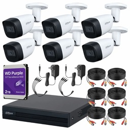 Kit de Videovigilancia Cronos 6 Cámaras Dahua Bala HFW1200CM 2MP Metálica con Micrófono Integrado + HDD WD Purple 2TB + Cables + Accesorios - Kit CCTV HFW1200CM-MED-CC (DVR DH-XVR1B08-I Circuito Cerrado)