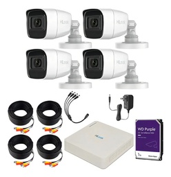Kit Videovigilancia Hilook By Hikvision 4 Cámaras Bala Metalica THC-B120-PS 2MP + 1TB HDD Purple WD + Cables - Kit Cctv HL1080-MED-CC (DVR HiLook DVR-104G-K1(S) Circuito Cerrado)