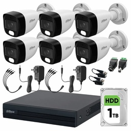 DAHUA DHT0250020 Kit Video Vigilancia Cronos 6 Cámaras Dahua Bala HFW1239CN 2MP Full Color con Micrófono + Disco Duro 1 TB + Baluns + Accesorios - Kit CCTV HFW1239CN-LOW-SC (DVR XVR1B08-I Circuito Cerrado)
