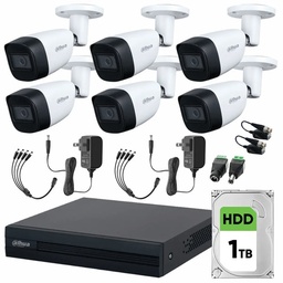 DAHUA DHT0250011 Kit de Videovigilancia Cronos 6 Cámaras Dahua Bala HFW1200CM 2MP Metálica con Micrófono Integrado + Disco Duro 1TB + Baluns + Accesorios - Kit CCTV HFW1200CM-LOW-SC (DVR DH-XVR1B08-I Circuito Cerrado)
