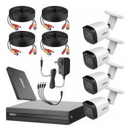 Kit Videovigilancia Cronos 4 Cámaras Dahua Metálicas Bala B2A51 5MP + SSD 500 GB + Cables + Accesorios - Kit CCTV DH-KIT5MP+500GB-SSD (DVR XVR1B04H-I Circuito Cerrado)