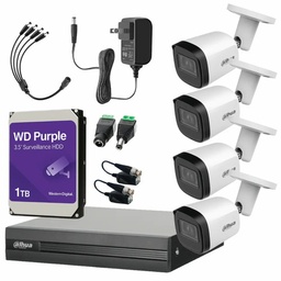 Kit Videovigilancia Cronos 4 Cámaras Dahua Metálicas Bala B2A51 5 Mp + HDD 1 Tb + Transceptores + Accesorios - Kit CCTV DHT026-SC+1TB-PRPL (DVR XVR1B04H-I Circuito Cerrado)