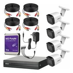 Kit Videovigilancia Cronos 4 Cámaras Dahua Metálicas Bala B2A51 5 Mp + HDD 1 Tb + Cables + Accesorios - Kit CCTV DHT026+1TB-PRPL (DVR XVR1B04H-I Circuito Cerrado)
