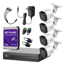 Kit Videovigilancia 4 Cámaras Dahua Metálicas Bala B2A51 5 Mp + Disco Duro 2 Tb + Transceptores + Accesorios - Kit CCTV DHT026-SC+2TB-PRPL (DVR XVR1B04H-I Circuito Cerrado)