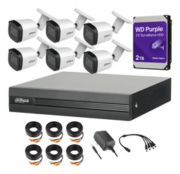 Kit Videovigilancia Cronos 6 Cámaras Dahua Metálicas Bala B2A51 5MP + Disco Duro 2tb + Cables + Accesorios - Kit CCTV DHT026-6+2TB-PRPL (DVR XVR1B08H-I Circuito Cerrado)