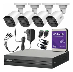 Dahua Kit CCTV DHT0250010 4 Cámaras 2 Mp  + Disco Duro WD Purple de  1TB -  Kit de Video Vigilancia con Accesorios Incluidos Cámaras de Seguridad con Detección de Movimiento DH-KIT4CH-2MP-PLUS-1TB4SC