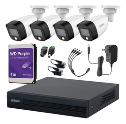 Dahua DHT0250017 Kit CCTV Full Color 4 Cámaras 2 Mp con + HDD WD Purple 1TB Kit de Video Vigilancia con Accesorios Incluidos Cámaras de Seguridad con Detección de Movimiento