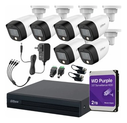 Dahua DHT0250017 Kit de Video Vigilancia Full Color 6 Cámaras 2 MP + HDD WD Purple 2 TB con Transceptores Cámaras de Seguridad  Alta Resolución Circuito Cerrado con Detección de Movimiento