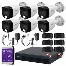 Kit Videovigilancia cronos 6 cámaras Dahua bala HFW1239CN-A Con audio fullcolor 2MP + HDD 2TB western digital + Cables + Accesorios - Kit CCTV FULLCOLORKIT-A-6CC3-2TB (Dvr dahua XVR1B08-I circuito cerrado)