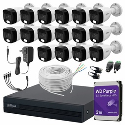 Kit Videovigilancia Cronos 16 cámaras Dahua bala HFW1239CN-A Con audio fullcolor 2MP + HDD 3TB WESTERN DIGITAL + bobina + Baluns + Accesorios - Kit CCTV FULLCOLORKIT-A-16CC3 (Dvr dahua XVR1B16-I circuito cerrado)