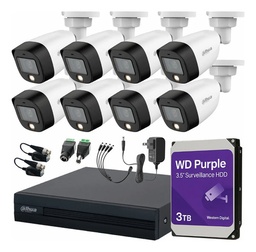 Dahua DHT0250017 Kit CCTV 8 Cámaras 2 Mp Full Color y Disco Duro WD Purple 3 TB + Transceptores Cámaras de Seguridad con Detección de Movimiento Video Vigilancia de Alta Resolución