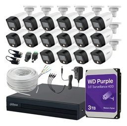 Dahua DHT0250017 Kit de CCTV Full Color 16 Cámaras 2 MP + Disco Duro WD Purple 3 TB + Bobina de Cable UTP Cat53 con Transceptores Kit de Video Vigilancia Detección de Movimiento Cámaras de Seguridad con Detección de Movimiento