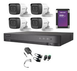 Kit Videovigilancia Hikvision 4 Cámaras Bullet 2ce16h0t Metálicas Con Audio 5mp + SSD 1tb + Baluns + Accesorios - Kit Cctv Hik5mpslq-med-sc (dvr Hkvision 7204huhi-m1 Circuito Cerrado)