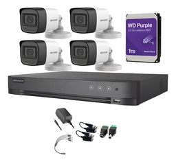 Kit Videovigilancia Hikvision 4 Cámaras Bullet 2ce16h0t Metálicas Con Audio 5mp + HDD 1tb western digital + Baluns + Accesorios - Kit Cctv Hik5mpslq-med-sc (dvr Hkvision 7204huhi-m1 Circuito Cerrado)