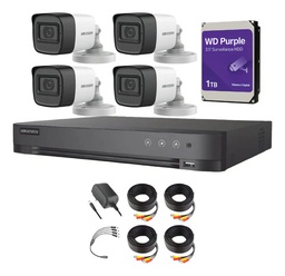 Kit Videovigilancia Hikvision 4 Cámaras Bullet 2ce16h0t Metálicas Con Audio 5mp + HDD 1tb western digital + Cables + Accesorios - Kit Cctv Hik5mpslq-med-cc (dvr Hkvision 7204huhi-m1 Circuito Cerrado)