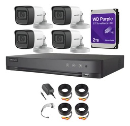 Kit Videovigilancia Hikvision 4 Cámaras Bullet 2ce16h0t Metálicas Con Audio 5mp + Hdd 2 Tb western digital + Cables + Accesorios - Kit Cctv Hik5mpslq-high-cc (dvr Hkvision 7204huhi-m1 Circuito Cerrado)