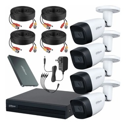 Kit de Videovigilancia Cronos 4 Cámaras Dahua Bala HFW1200CM 2MP Metálica con Micrófono Integrado + SSD 500GB + Cables + Accesorios - Kit CCTV HFW1200CM-LOW-CC (DVR DH-XVR1B04-I Circuito Cerrado)