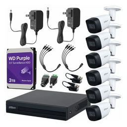 Kit de Videovigilancia Cronos 6 Cámaras Dahua Bala HFW1200CM 2MP Metálica con Micrófono Integrado + HDD WD Purple 3TB + Balums + Accesorios - Kit CCTV HFW1200CM-HIGH-SC (DVR DH-XVR1B08-I Circuito Cerrado)