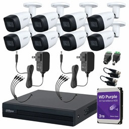 Kit de Videovigilancia Cronos 8 Cámaras Dahua Bala HFW1200CM 2MP Metálica con Micrófono Integrado + HDD WD Purple 3TB + Balums + Accesorios - Kit CCTV HFW1200CM-MED-SC (DVR DH-XVR1B08-I Circuito Cerrado)