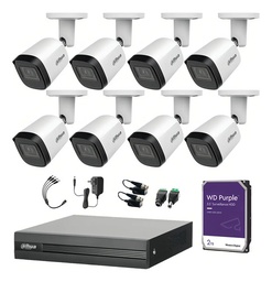 Kit Videovigilancia Cronos 8 Cámaras Dahua Bala Metalica B2A21N-U 2MP + 2TB HDD Purple WD + Baluns - Kit CCTV B2A21N-LOW-SC (DVR Dahua DH-XVR1B08-I Circuito Cerrado)