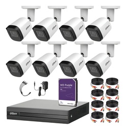 Kit Videovigilancia Cronos 8 Cámaras Dahua Bala Metalica B2A21N-U 2MP + 2TB HDD Purple WD + Cables - Kit CCTV B2A21N-LOW-CC (DVR Dahua DH-XVR1B08-I Circuito Cerrado)