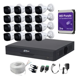 Kit Videovigilancia Cronos 16 Cámaras Dahua Bala HFW1500CMN 5mp con micrófono + HDD WESTERN DIGITAL 3TB + bobina + Accesorios - Kit CCTV HFW1500CMN-LOW-CC (DVR XVR5116HS Circuito Cerrado)