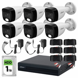 DAHUA DHT0250020 Kit Video Vigilancia Cronos 6 Cámaras Dahua Bala HFW1239CN 2MP Full Color con Micrófono + Disco Duro 1 TB + Cables + Accesorios - Kit CCTV HFW1239CN-LOW-CC (DVR XVR1B08-I Circuito Cerrado)