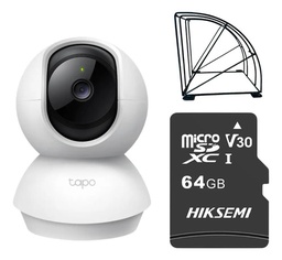 Kit Videovigilancia Cronos cámara TAPO C200 audio bidireccional detección de movimiento giro 360° visión nocturna control por voz modo privacidad + MicroSD 64GB + protección metálica + Accesorios - kit CCTV
