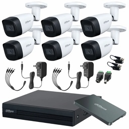DAHUA DHT0250011 Kit de Videovigilancia Cronos 6 Cámaras Dahua Bala HFW1200CM 2MP Metálica con Micrófono Integrado + SSD Dahua 1TB + Baluns + Accesorios - Kit CCTV HFW1200CM-LOW-SC (DVR DH-XVR1B08-I Circuito Cerrado)