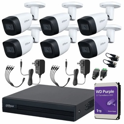 DAHUA DHT0250011 Kit de Videovigilancia Cronos 6 Cámaras Dahua Bala HFW1200CM 2MP Metálica con Micrófono Integrado + HDD WD Purple 1TB + Baluns + Accesorios - Kit CCTV HFW1200CM-LOW-SC (DVR DH-XVR1B08-I Circuito Cerrado)