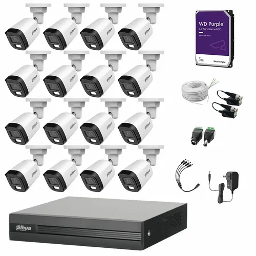 DAHUA DHT0250011 Kit de Videovigilancia Cronos 16 Cámaras Dahua Bala HFW1200CM 2MP Metálica con Micrófono Integrado + HDD WD Purple 3TB + Bobina Cable UTP + Accesorios - Kit CCTV HFW1200CM-LOW-CC (DVR XVR1B16-I Circuito Cerrado)