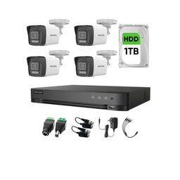 Kit Videovigilancia Hikvision 4 Cámaras Bala Dual Light ColorVu Metalica audio 2CE16K0T 5MP + HDD 1TB + baluns + Accesorios-Kit Cctv 7204HUHI-MED-SC (DVR 7204HUHI-M1/S Circuito Cerrado)