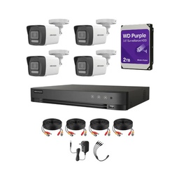 Kit Videovigilancia Hikvision 4 Cámaras Bala Dual Light ColorVu Metalica audio 2CE16K0T 5MP + HDD Purple WD 2TB + cables + Accesorios-Kit Cctv 7204HUHI-HIGH-CC (DVR 7204HUHI-M1/S)