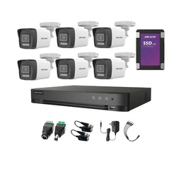 Kit Videovigilancia Hikvision 6 Cámaras Bala Dual Light ColorVu Metalica audio 2CE16K0T 5MP + SSD 1 TB + Baluns + Accesorios-Kit Cctv 7204HUHI-LOW-SC (DVR 7208HQHI-M1/XT)