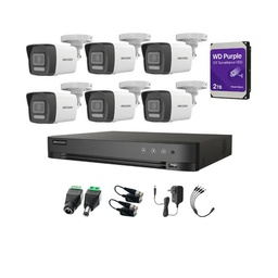 Kit Videovigilancia Hikvision 6 Cámaras Bala Dual Light ColorVu Metalica audio 2CE16K0T 5MP + HDD 2 TB WD PURPLE + Baluns + Accesorios-Kit Cctv 7204HUHI-MED-SC (DVR 7208HQHI-M1/XT)
