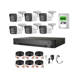 Kit Videovigilancia Hikvision 6 Cámaras Bala Dual Light ColorVu Metalica audio 2CE16K0T 5MP + HDD 2 TB + Cables + Accesorios - Kit Cctv 7204HUHI-MED-CC (DVR 7208HQHI-M1/XT)