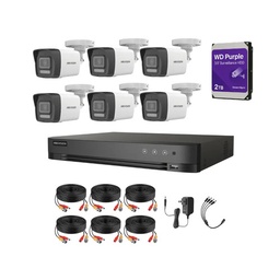 Kit Videovigilancia Hikvision 6 Cámaras Bala Dual Light ColorVu Metalica audio 2CE16K0T 5MP + HDD 2 TB WD PURPLE + Cables + Accesorios - Kit Cctv 7204HUHI-MED-CC (DVR 7208HQHI-M1/XT)