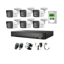 Kit Videovigilancia Hikvision 6 Cámaras Bala Dual Light ColorVu Metalica audio 2CE16K0T 5MP + HDD 3 TB + Baluns + Accesorios-Kit Cctv 7204HUHI-HIGH-SC (DVR 7208HQHI-M1/XT)