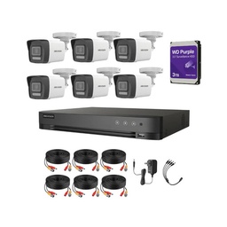 Kit Videovigilancia Hikvision 6 Cámaras Bala Dual Light ColorVu Metalica audio 2CE16K0T 5MP + HDD 3 TB WD PURPLE + Cables + Accesorios - Kit Cctv 7204HUHI-HIGH-CC (DVR 7208HQHI-M1/XT)