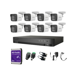 Kit Videovigilancia Hikvision 8 Cámaras Bala Dual Light ColorVu Metalica audio 2CE16K0T 5MP + HDD 2 TB WD PURPLE + Baluns + Accesorios-Kit Cctv 7204HUHI-LOW-SC (DVR 7208HQHI-M1/XT)