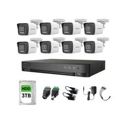 Kit Videovigilancia Hikvision 8 Cámaras Bala Dual Light ColorVu Metalica audio 2CE16K0T 5MP + HDD 3 TB + Baluns + Accesorios-Kit Cctv 7204HUHI-MED-SC (DVR 7208HQHI-M1/XT)