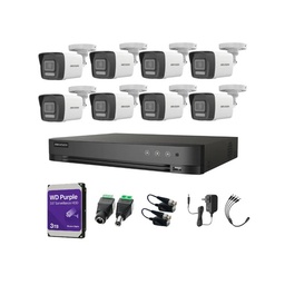 Kit Videovigilancia Hikvision 8 Cámaras Bala Dual Light ColorVu Metalica audio 2CE16K0T 5MP + HDD 3 TB WD PURPLE + Baluns + Accesorios-Kit Cctv 7204HUHI-MED-SC (DVR 7208HQHI-M1/XT)