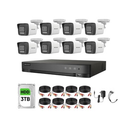Kit Videovigilancia Hikvision 8 Cámaras Bala Dual Light ColorVu Metalica audio 2CE16K0T 5MP + HDD 3 TB + Cables + Accesorios - Kit Cctv 7204HUHI-MED-CC (DVR 7208HQHI-M1/XT)