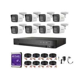 Kit Videovigilancia Hikvision 8 Cámaras Bala Dual Light ColorVu Metalica audio 2CE16K0T 5MP + HDD 3 TB WD PURPLE + Cables + Accesorios - Kit Cctv 7204HUHI-MED-CC (DVR 7208HQHI-M1/XT)