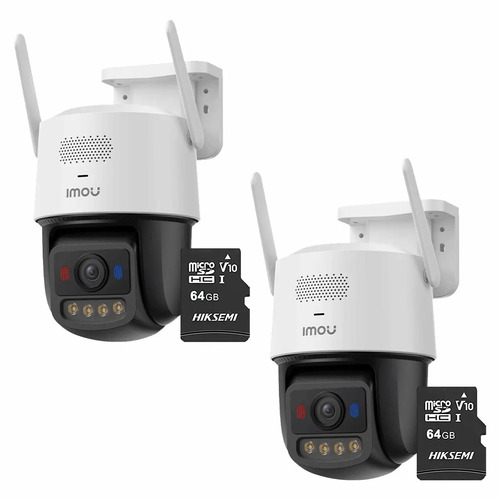 Kit Cronos 2 Cámaras de Seguridad Imou IPC-U7LN-6V0NE Titan Pro 6MP + Almacenamiento MicroSD 64GB - Visión Nocturna Color 30Mts WiFi Doble Banda Audio Bidireccional Detección Humana y Vehículos / Alarma Luces Rojas y Azul Sirena 125dB – Circuito Cerrado