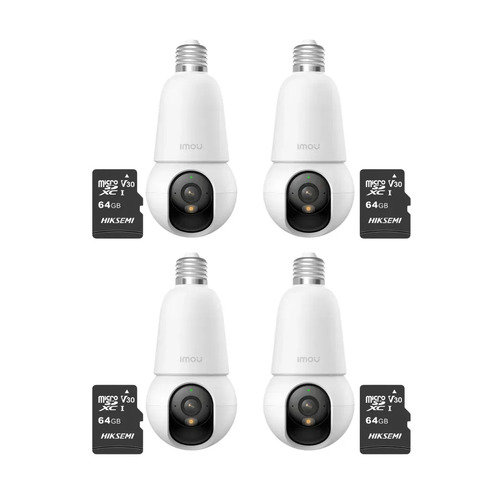 Kit cronos 4 cámaras IMOU BulbCam 5Megapixeles IPC-K6C-5H1WEB Modo privacidad Detección de humanos & Vehículos Audio bidireccional video a color 24/7 + 4 MIcrosd 64Gb + accesorios