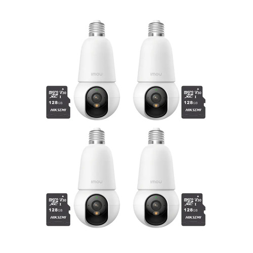 Kit cronos 4 cámaras IMOU BulbCam 5 Megapixeles IPC-K6C-5H1WEB Modo privacidad Detección de humanos & Vehículos Audio bidireccional video a color 24/7 + 4 MIcrosd 128Gb + accesorios