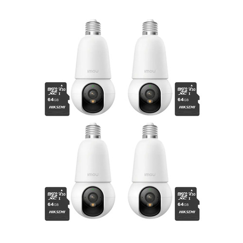 Kit cronos 4 cámaras IMOU BulbCam 3 Megapixeles IPC-K6C-3H1WEB Modo privacidad Detección de humanos & Vehículos Audio bidireccional video a color 24/7 + 2 MIcrosd 64Gb + accesorios
